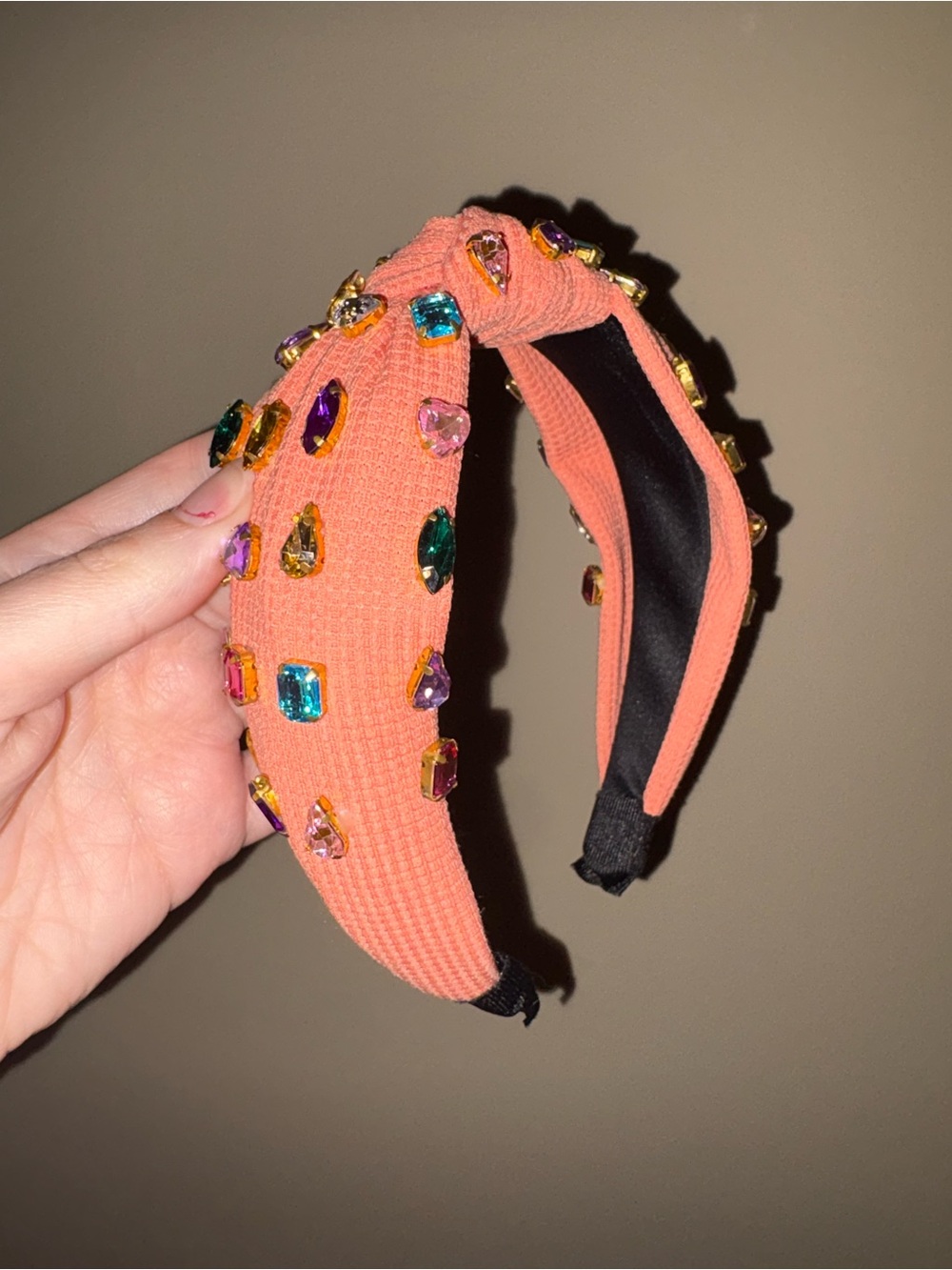 Embellished Knotted Coral Headband with Multi-Color Gems